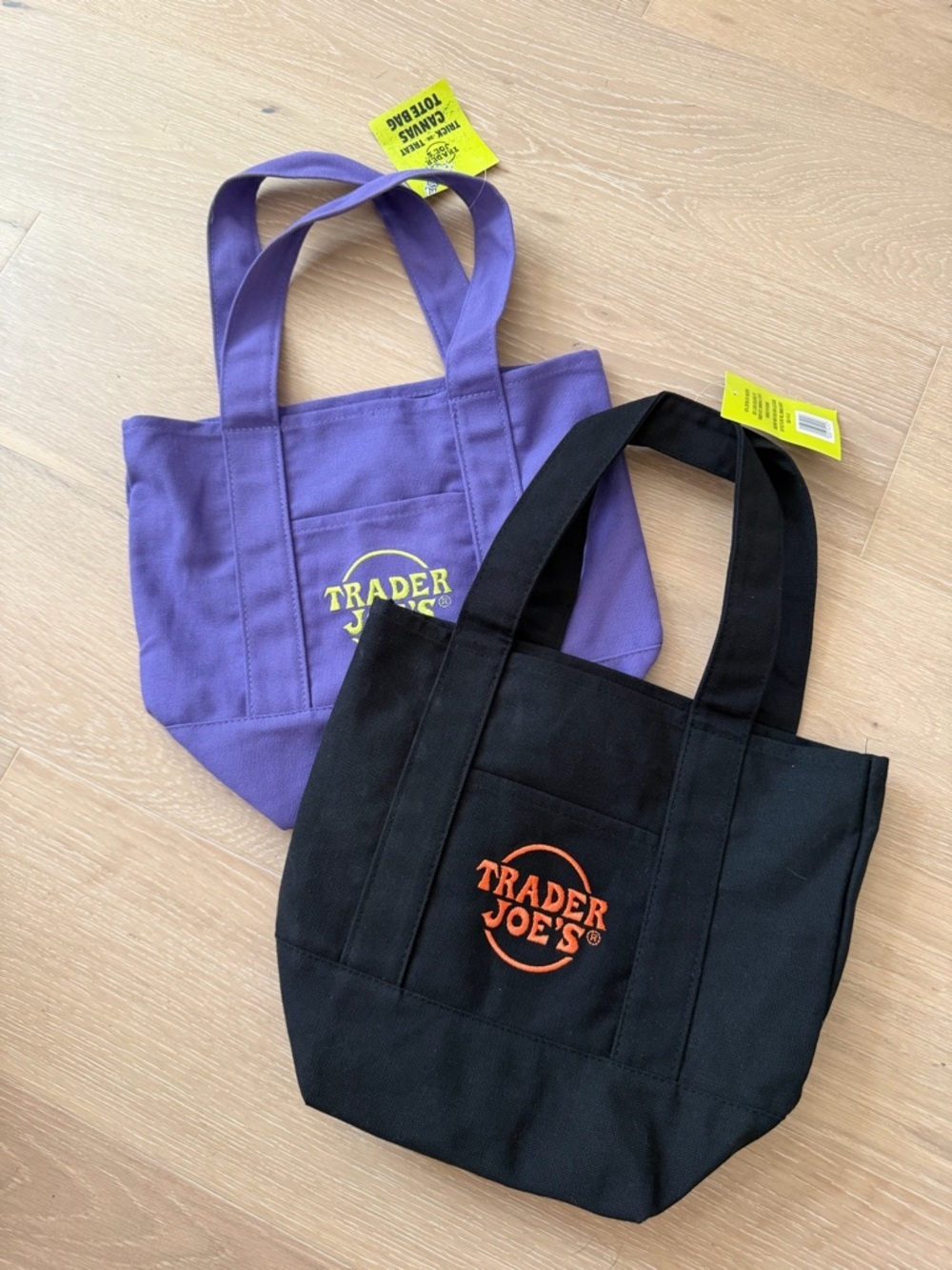 Trader Joe's Trick or Treat Mini Canvas Purple and Black Halloween Tote Bags